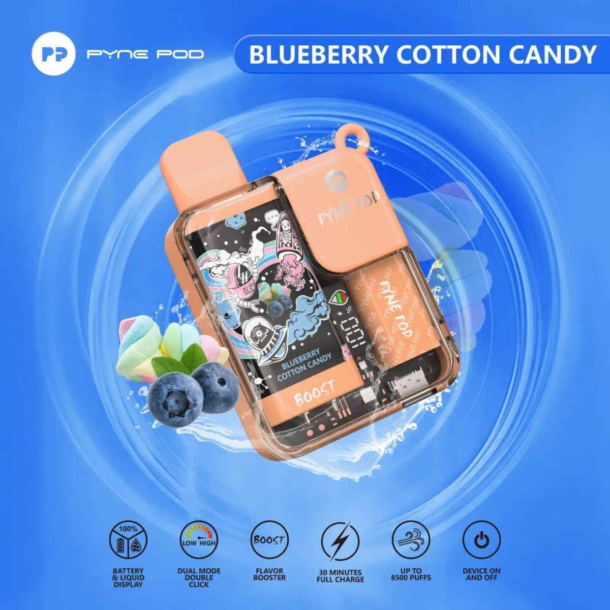 PYNE POD Boost 8500 Puffs 5% Nicotine Disposable Vape Blueberry Cotton Candy