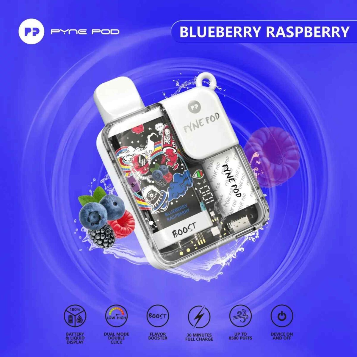 PYNE POD Boost 8500 Puffs 5% Nicotine Disposable Vape Blueberry Raspberry
