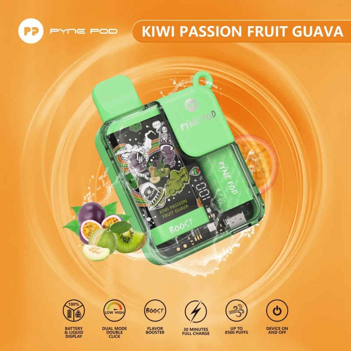 PYNE POD Boost 8500 Puffs 5% Nicotine Disposable Vape Kiwi Passion Fruit Guava
