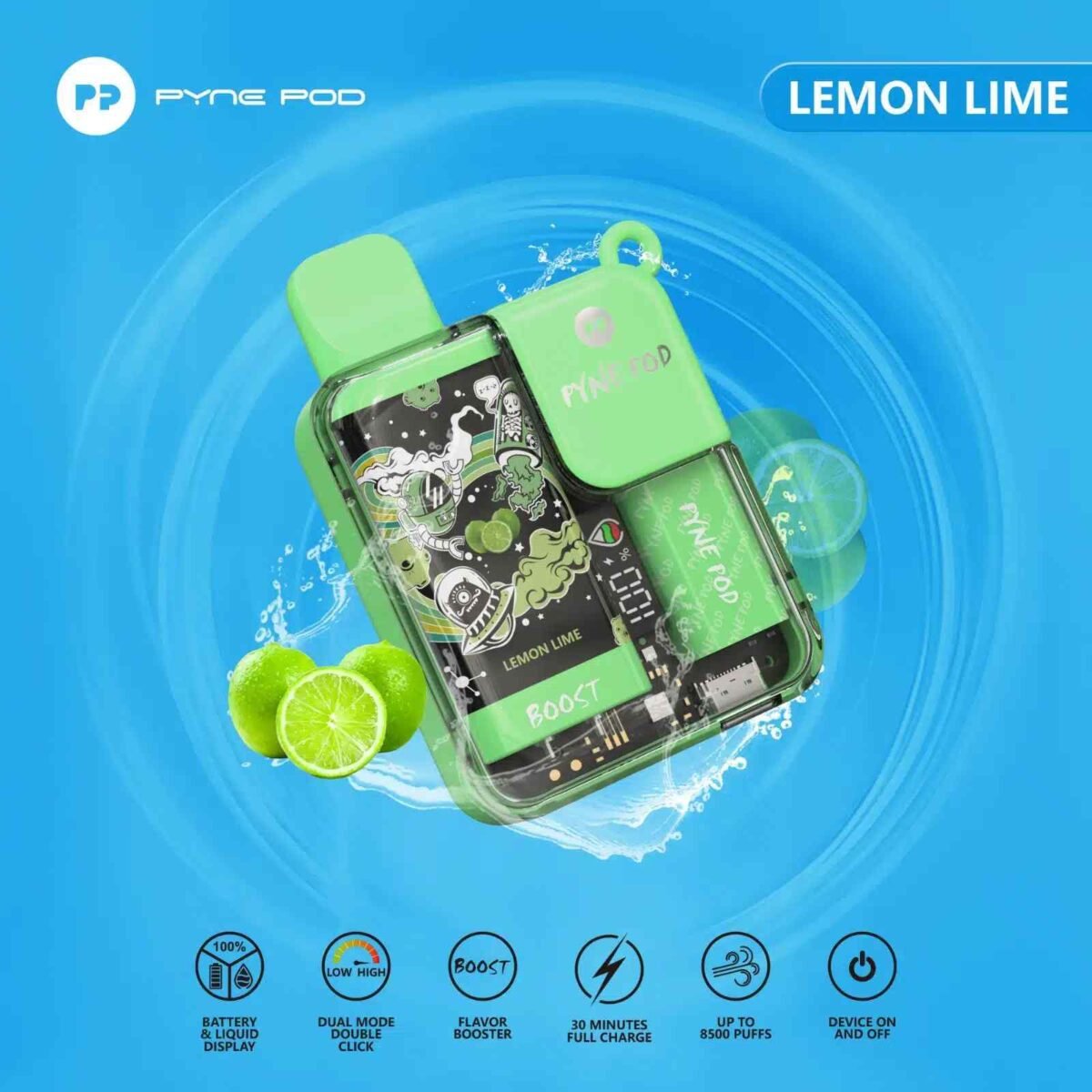 PYNE POD Boost 8500 Puffs 5% Nicotine Disposable Vape Lemon Lime