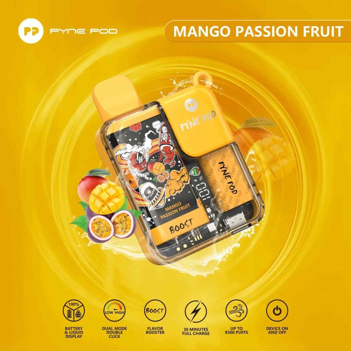PYNE POD Boost 8500 Puffs 5% Nicotine Disposable Vape Mango Passion Fruit