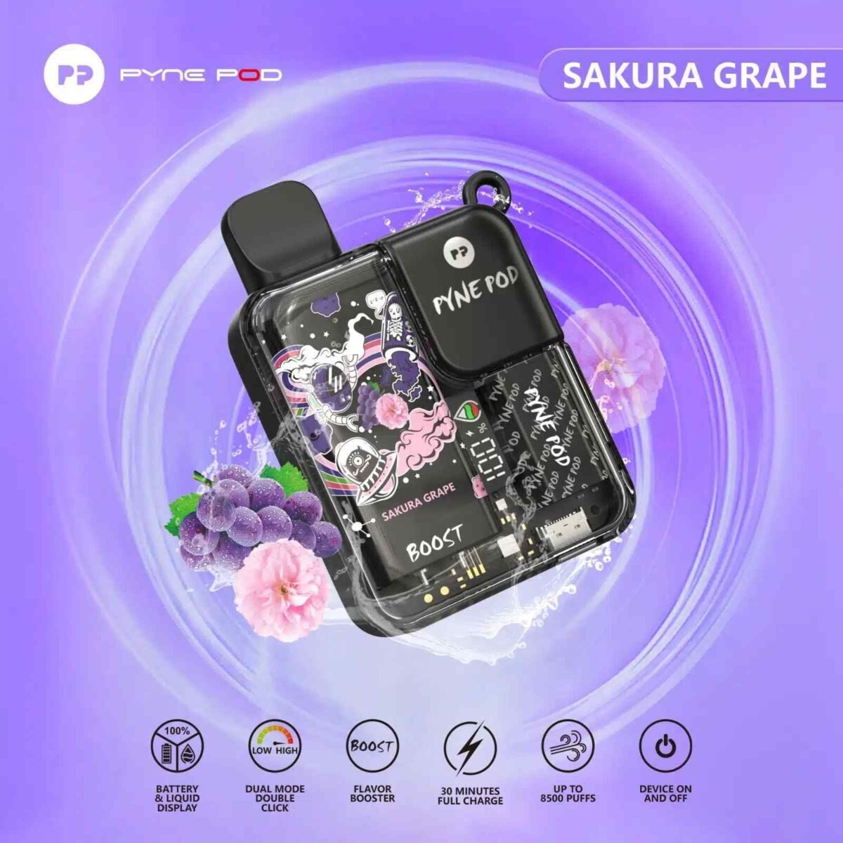 PYNE POD Boost 8500 Puffs 5% Nicotine Disposable Vape Sakura Grape