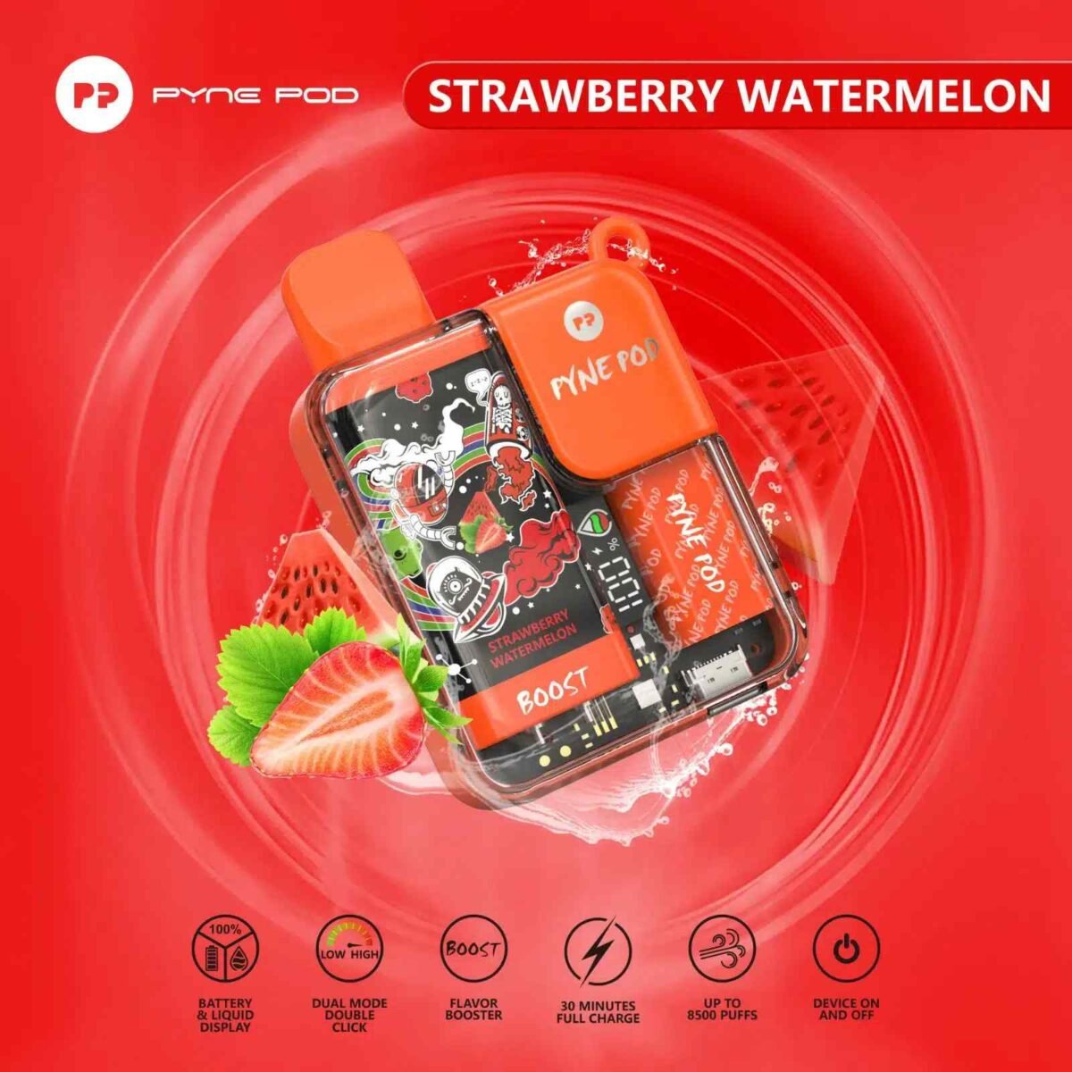 PYNE POD Boost 8500 Puffs 5% Nicotine Disposable Vape Strawberry Watermelon