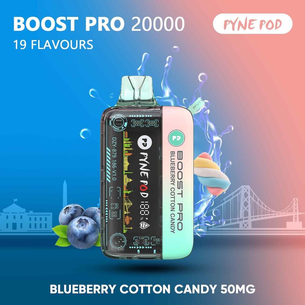 PYNE POD Boost Pro 20000 Puffs 50MG Disposable Vape Blueberry Cotton Candy