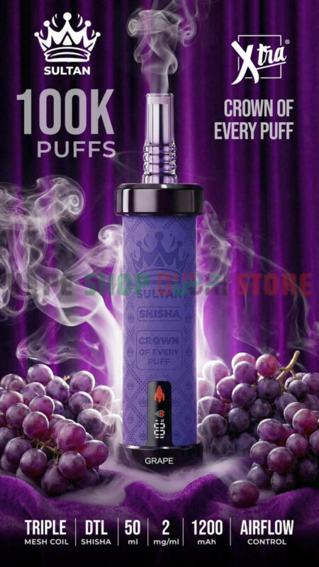 Sultan Shisha 100k Puffs 2mg Nicotine Triple Mesh Disposable Vape In UAE grape
