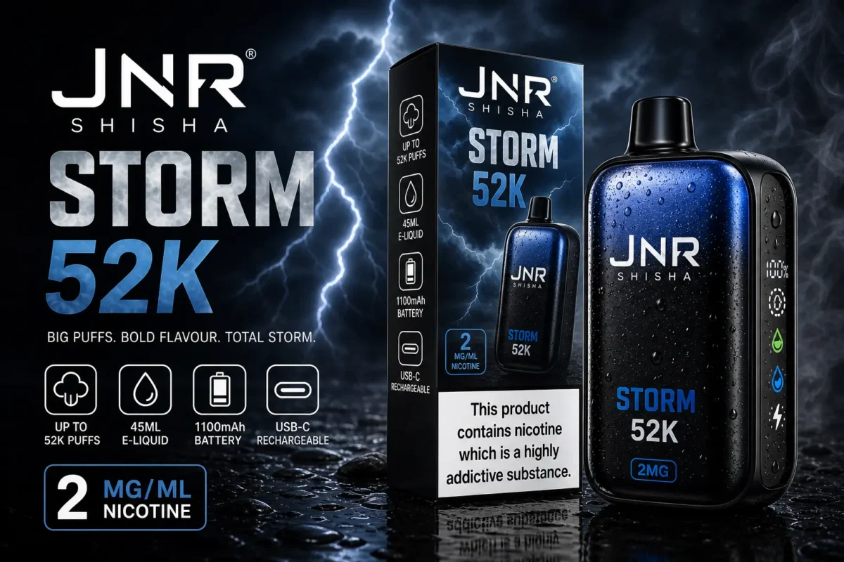 JNR Shisha Storm 52K 2mg vape features a bold storm design, 45ml e-liquid capacity, 1100mAh rechargeable battery, USB-C charging, and up to 52K puffs.