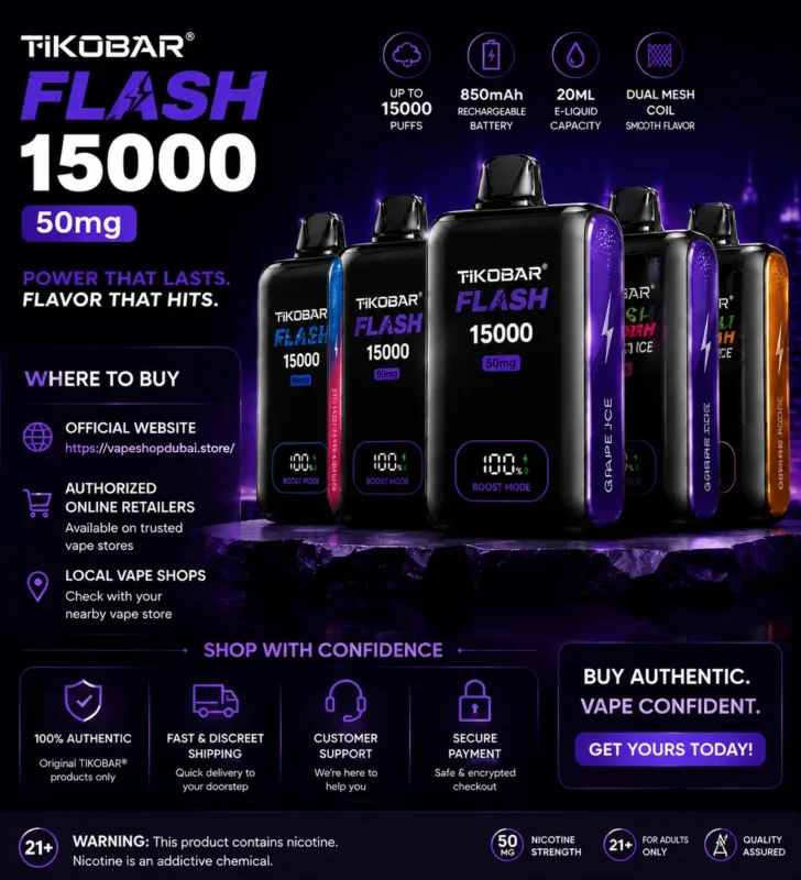 TIKOBAR FLASH 15000 50MG where-to-buy advertisement showing multiple vape devices, product specs, buying options, and shop confidence features such as authentic products, shipping, customer support, and secure payment.