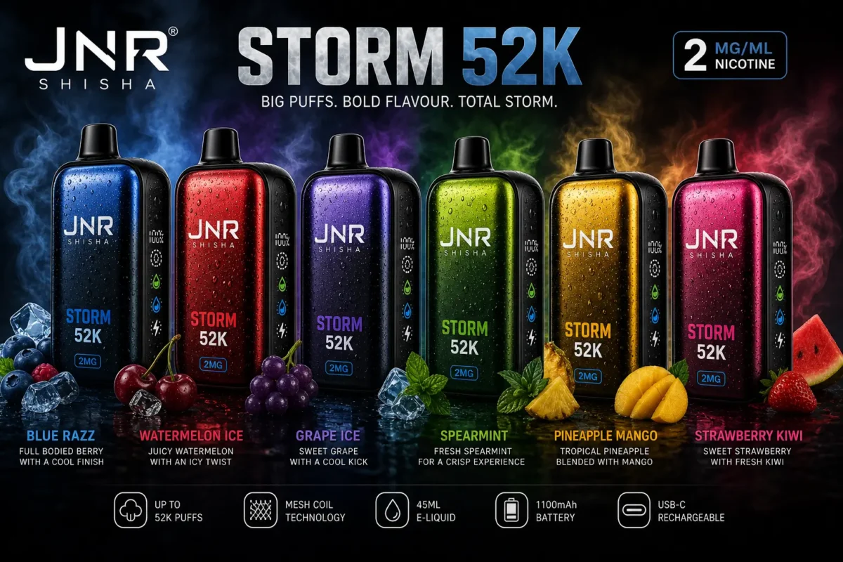 Group image of JNR Shisha Storm 52K 2mg disposable vapes in multiple flavours including Blue Razz, Watermelon Ice, Grape Ice, Spearmint, Pineapple Mango, and Strawberry Kiwi
