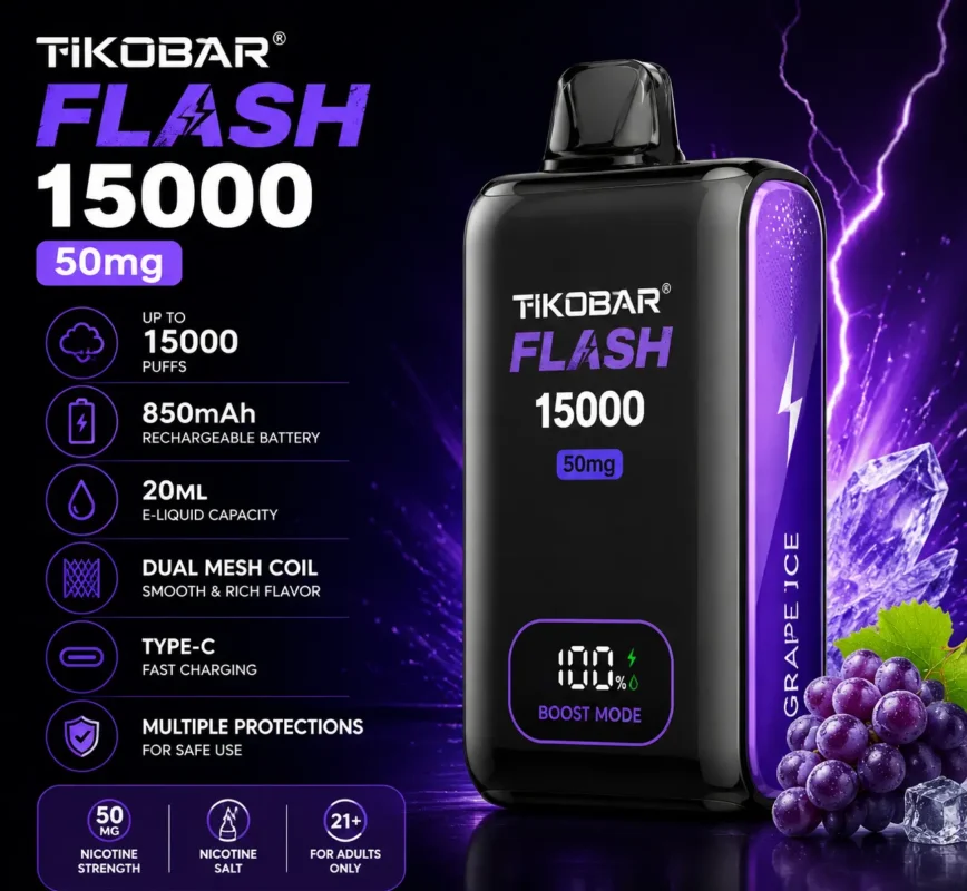 TIKOBAR FLASH 15000 50MG vape promo image featuring a black and purple device with specs including 15,000 puffs, 850mAh rechargeable battery, 20ML e-liquid capacity, dual mesh coil, and Type-C charging.
