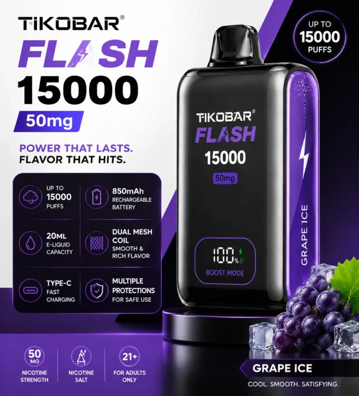 Clean white and purple TIKOBAR FLASH 15000 50MG advertisement showing the vape device, grape ice flavor, and product features like 15,000 puffs, 850mAh battery, 20ML capacity, dual mesh coil, and Type-C charging.